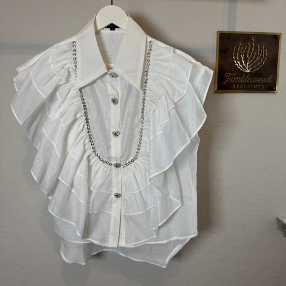 Women's Beulah Style White Short Sleeve Ruffle Rhinestone Blouse Size Small NWOT - Picture 2 of 10